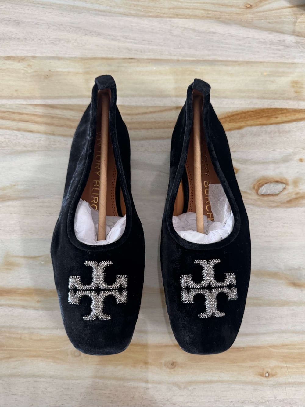 Tory Burch Eleanor Black Velvet Crystal Embellished Flats Sz 6